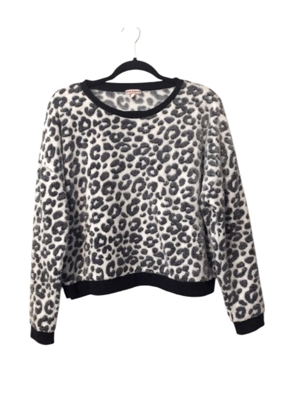Juicy Couture Faux Fur Crew Neck Long Sleeve Leopard Print Crop Top Sweatshirt L
